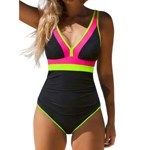 NWT Popvil Neon Pink/Lime/Black Colorblock Tummy Control One Piece Swim Medium